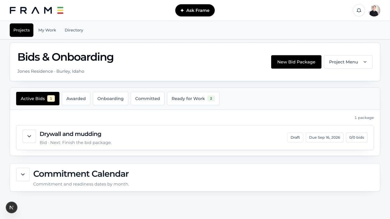 Frame Bids and Onboarding workspace showing active bid packages and Ready for Work status.